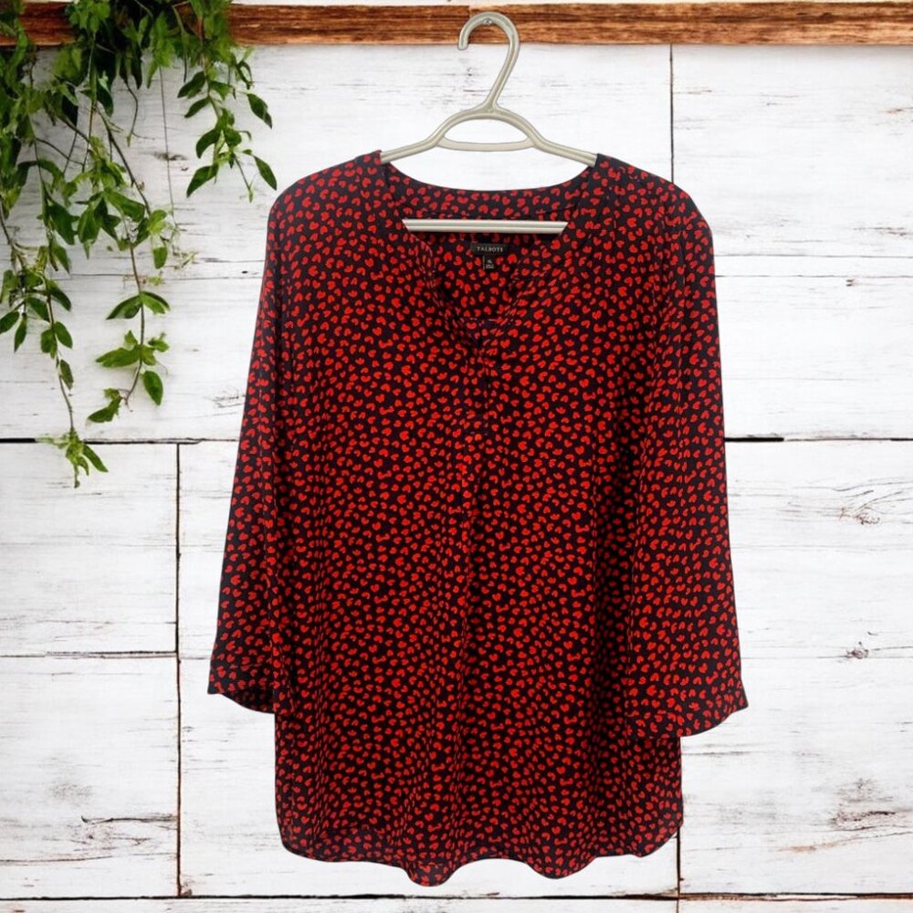 Talbots Women's Heart Popover Blouse Sz XL Lightweight 3/4 Sleeve Office Casual